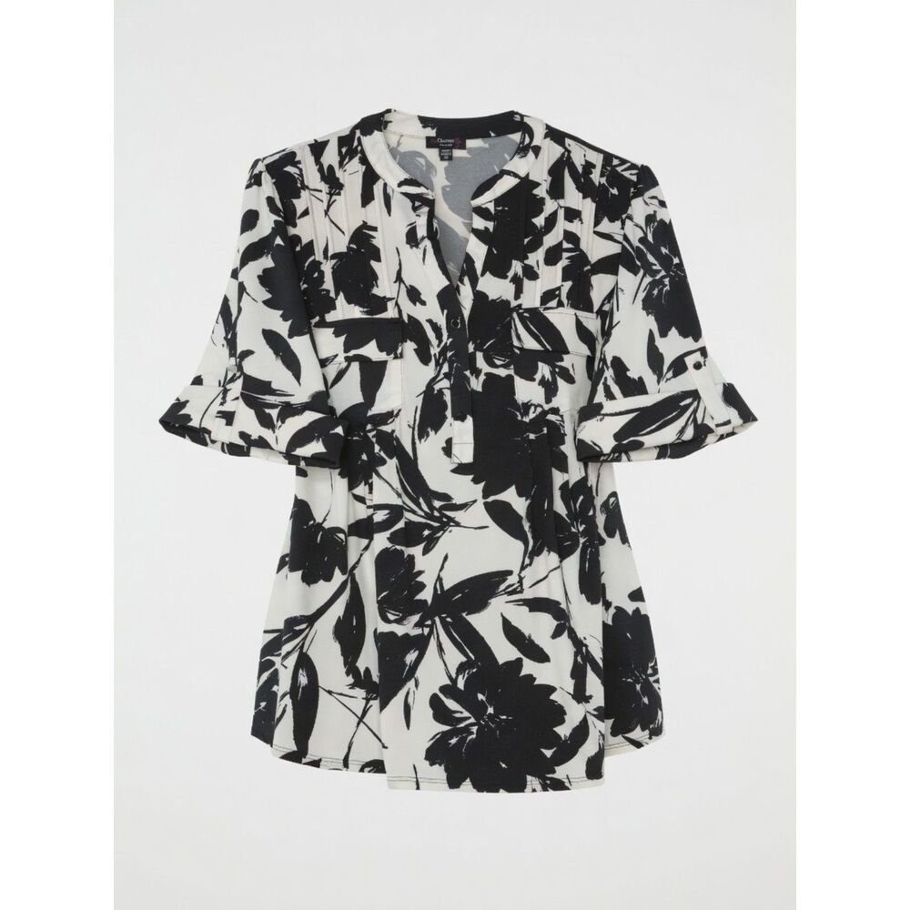 Cocomo Women's Plus Size 3X Black & White Floral Print Pintuck Short Sleeve Top